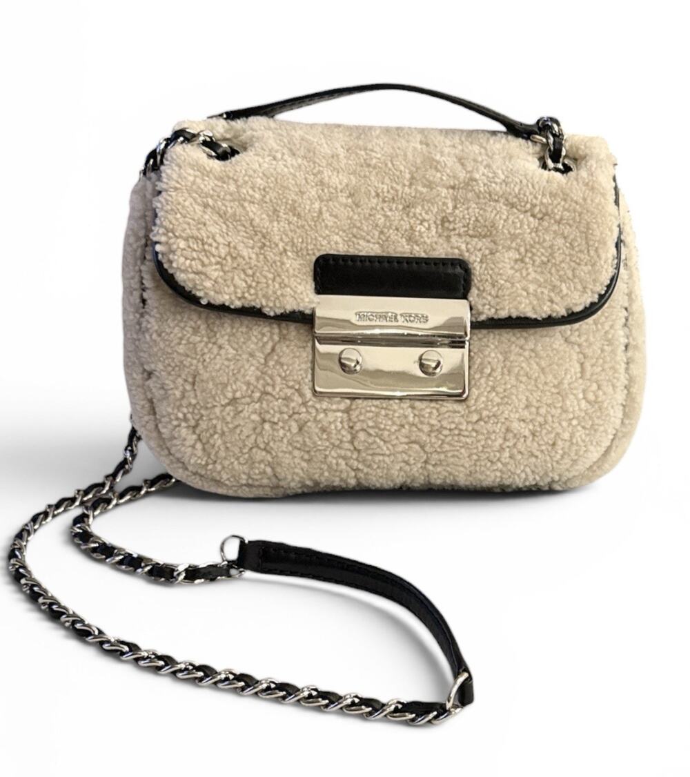 Michael Kors Sloan Small Shearling Fur & Black Leather Chain Shoulder Bag